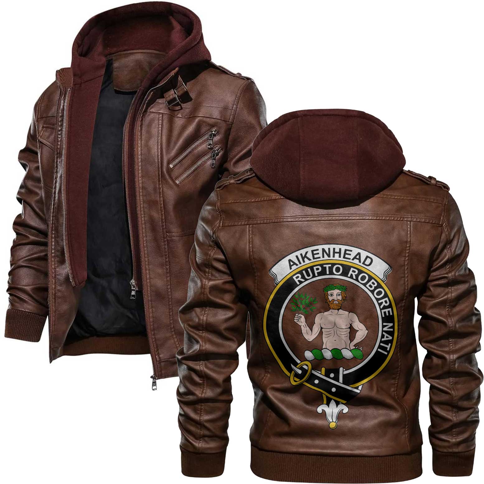 Clan Aikenhead Tartan Zip Leather Jacket Crest And Plaid Basic Style