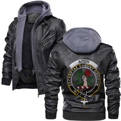 Clan Aiton Tartan Zip Leather Jacket Crest And Plaid Basic Style