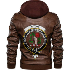 Clan Aiton Tartan Zip Leather Jacket Crest And Plaid Basic Style