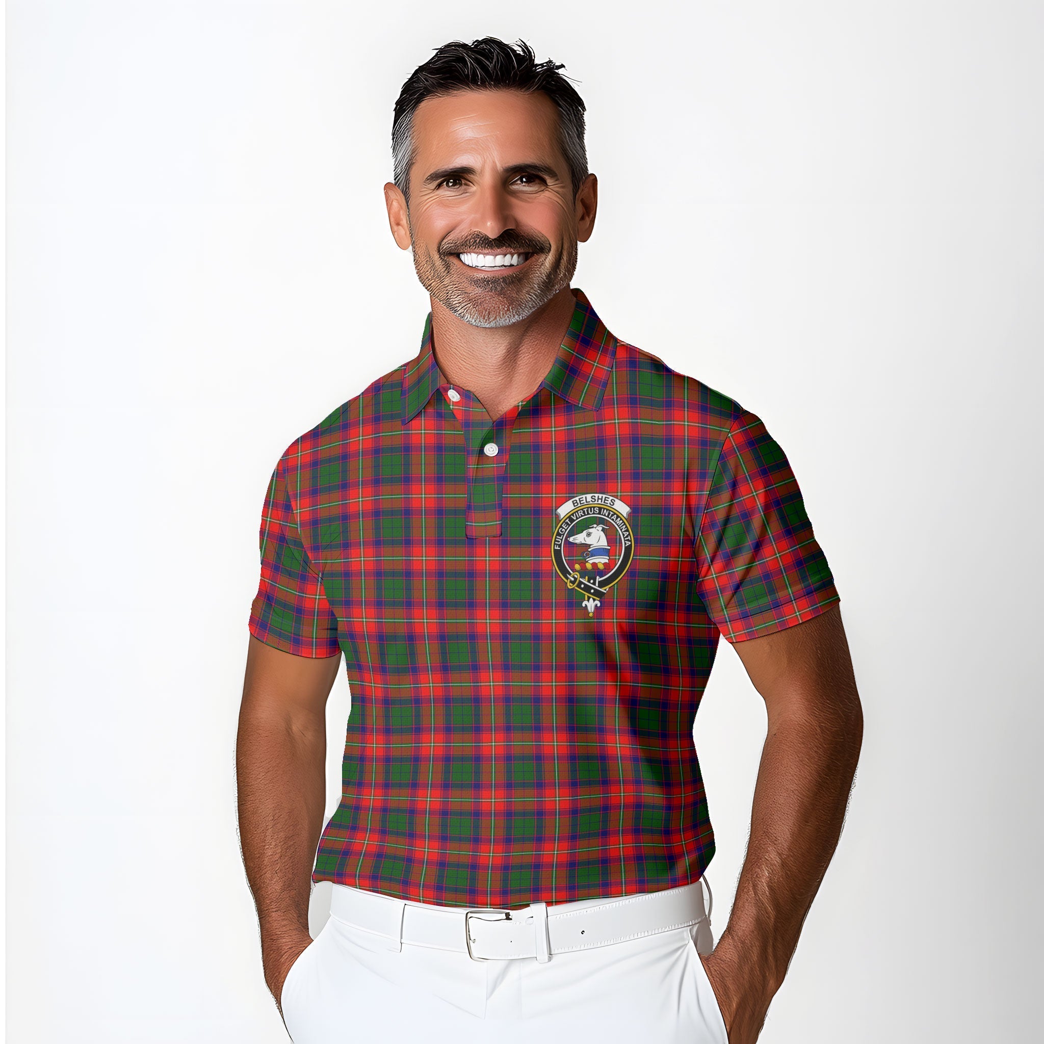 Clan Belshes Tartan Golf Men Polo Shirt Crest And Plaid Basic Style