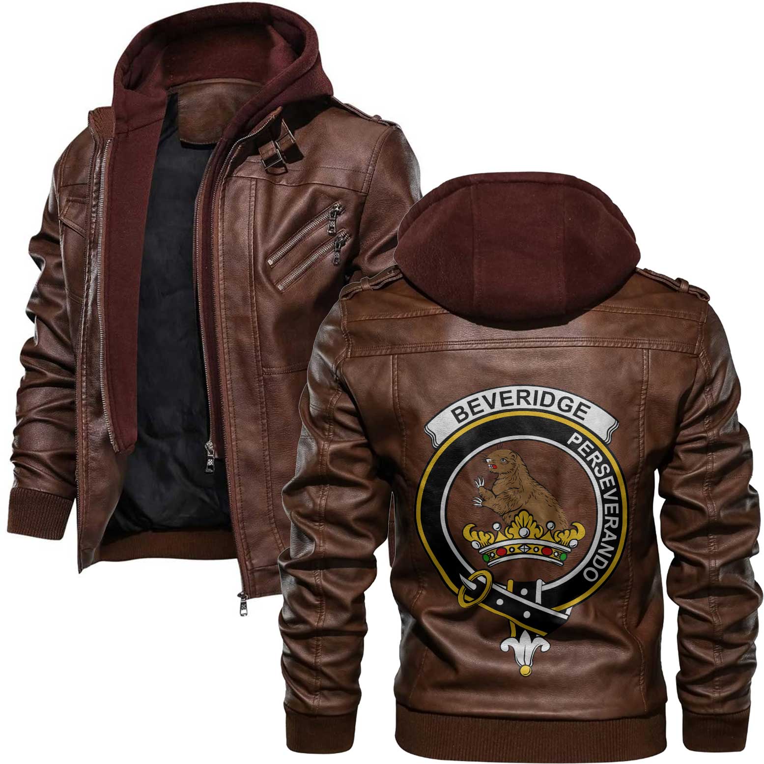 Clan Beveridge Tartan Zip Leather Jacket Crest And Plaid Basic Style