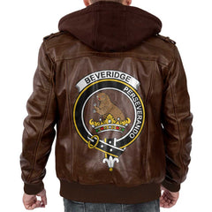Clan Beveridge Tartan Zip Leather Jacket Crest And Plaid Basic Style