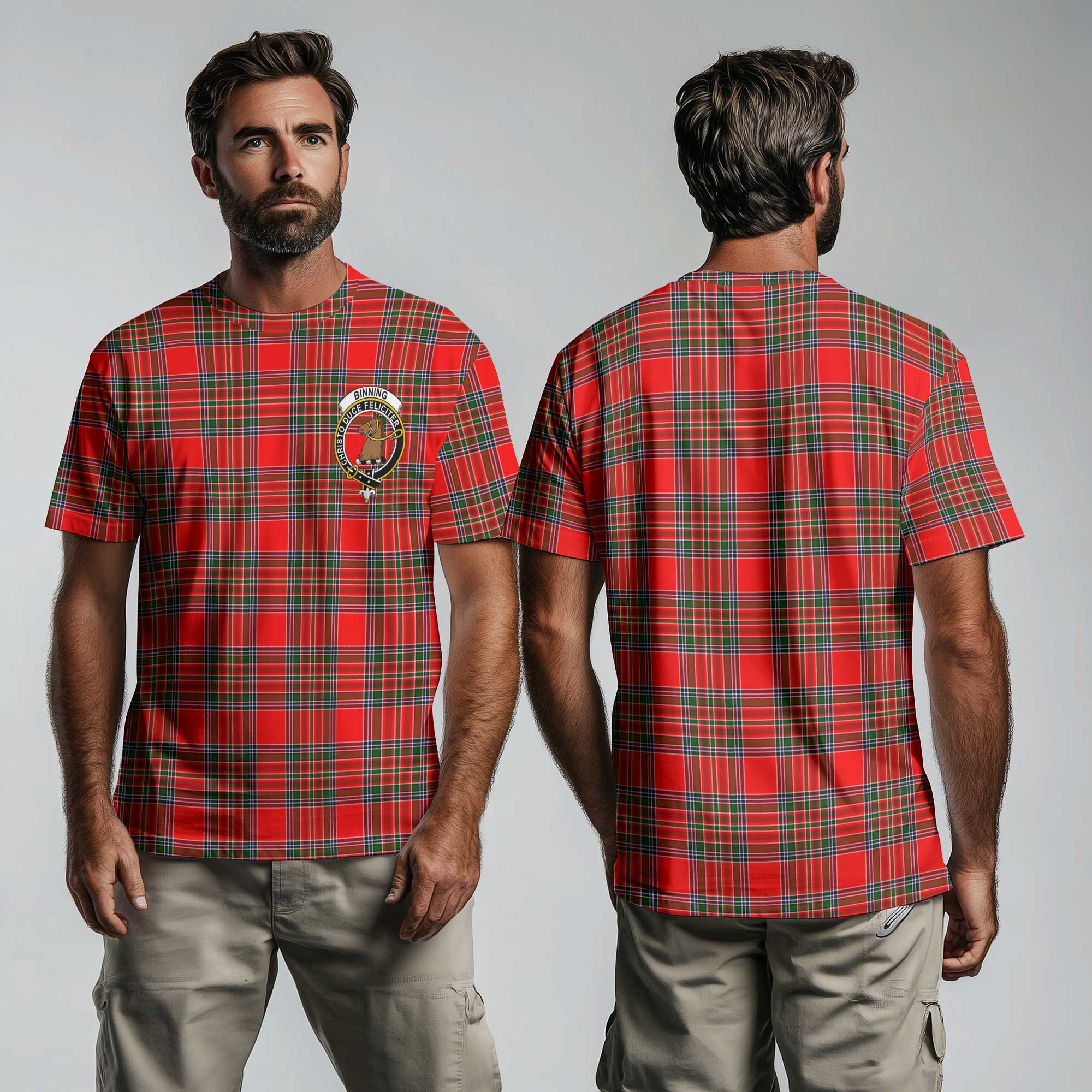 Clan Binning Of Wallifoord Tartan Men T Shirt Crest And Plaid Basic Style