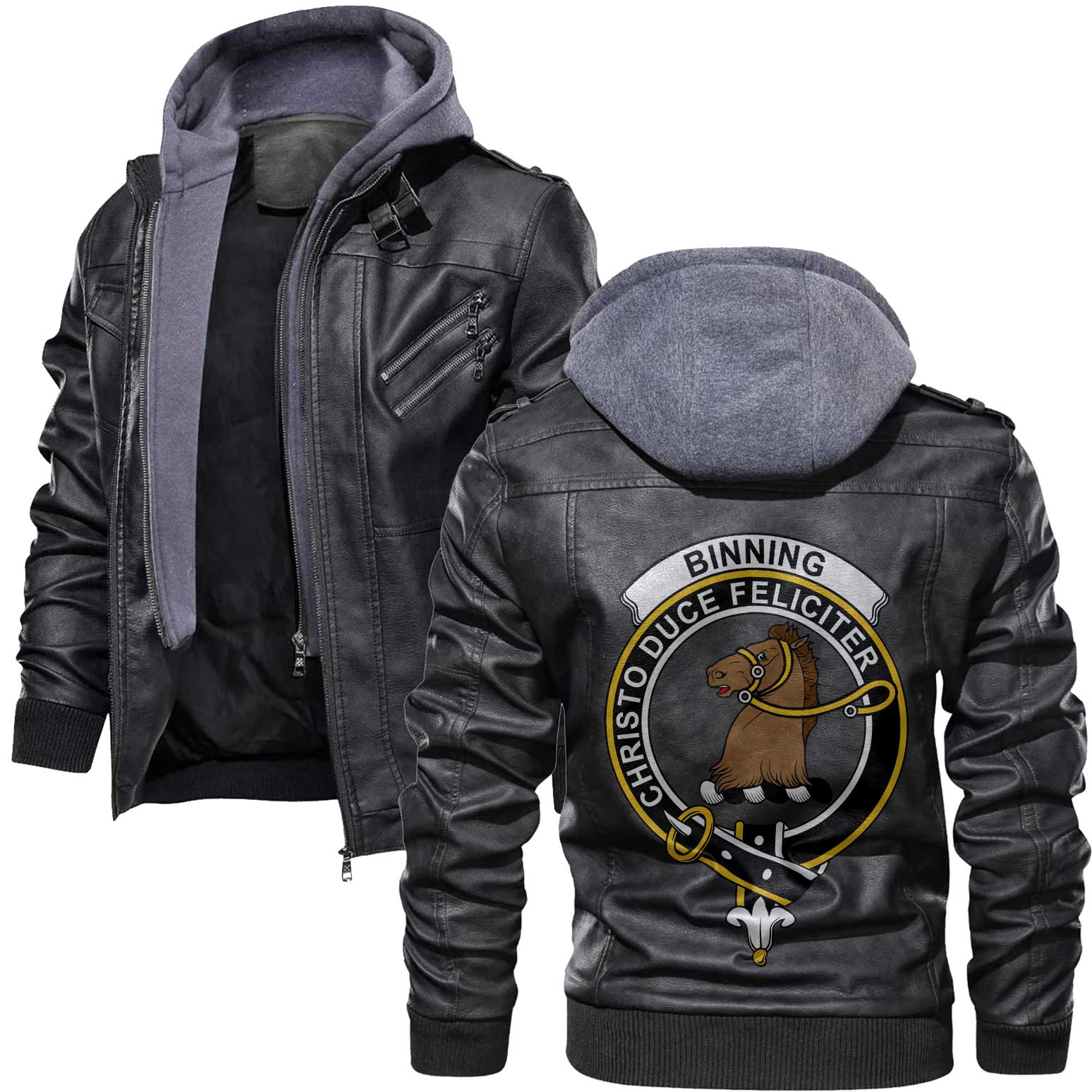 Clan Binning Of Wallifoord Tartan Zip Leather Jacket Crest And Plaid Basic Style