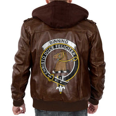 Clan Binning Of Wallifoord Tartan Zip Leather Jacket Crest And Plaid Basic Style