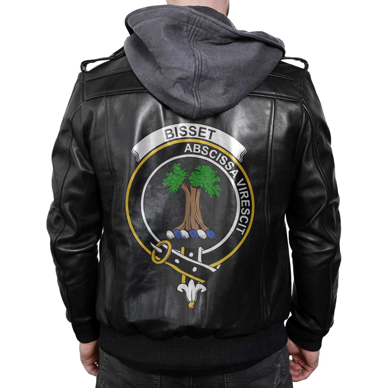 Clan Bisset Tartan Zip Leather Jacket Crest And Plaid Basic Style