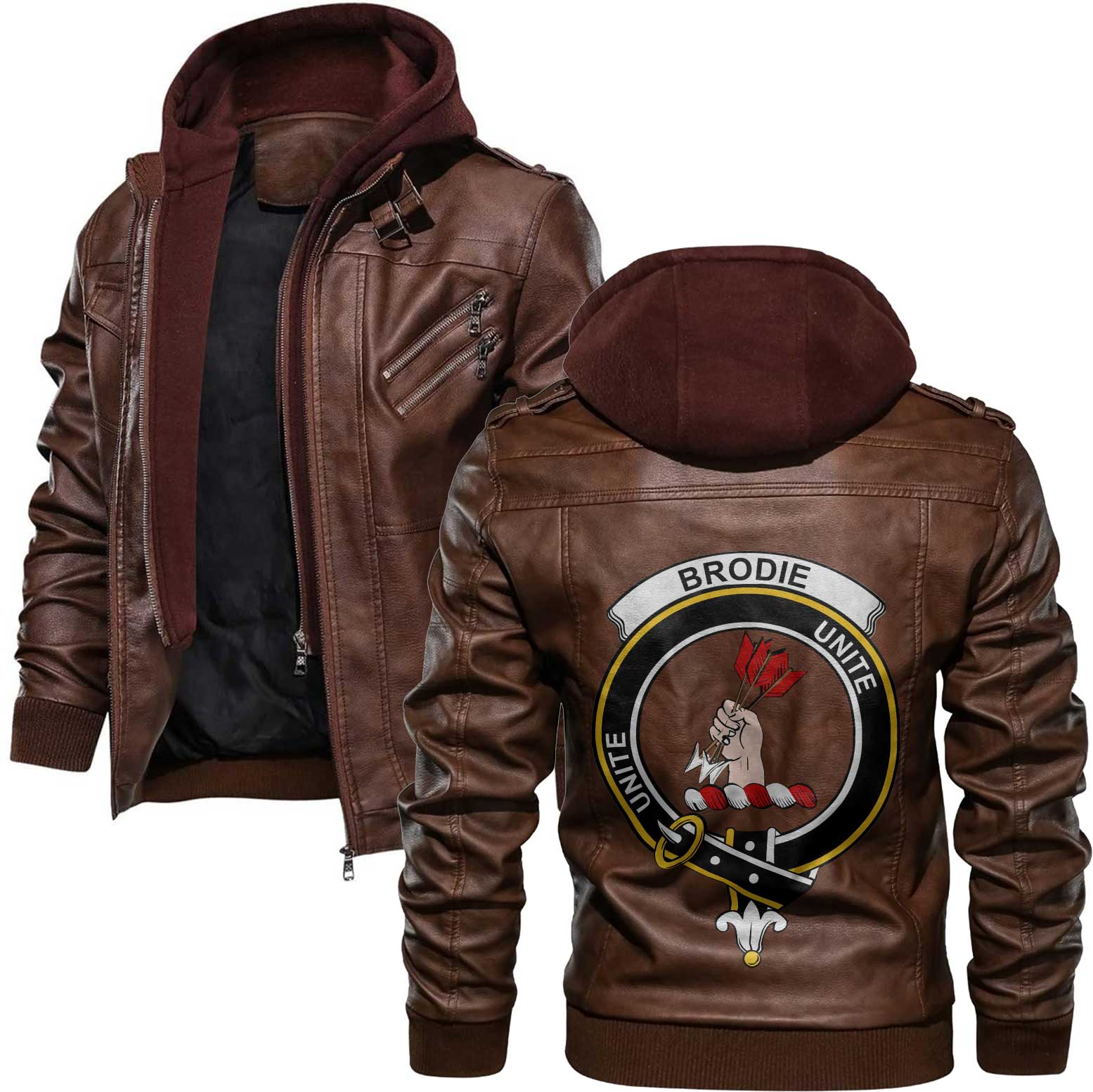 Clan Brodie Tartan Zip Leather Jacket Crest And Plaid Basic Style