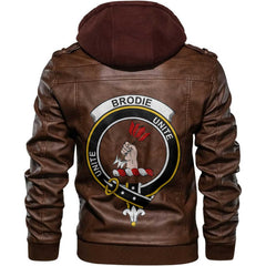 Clan Brodie Tartan Zip Leather Jacket Crest And Plaid Basic Style