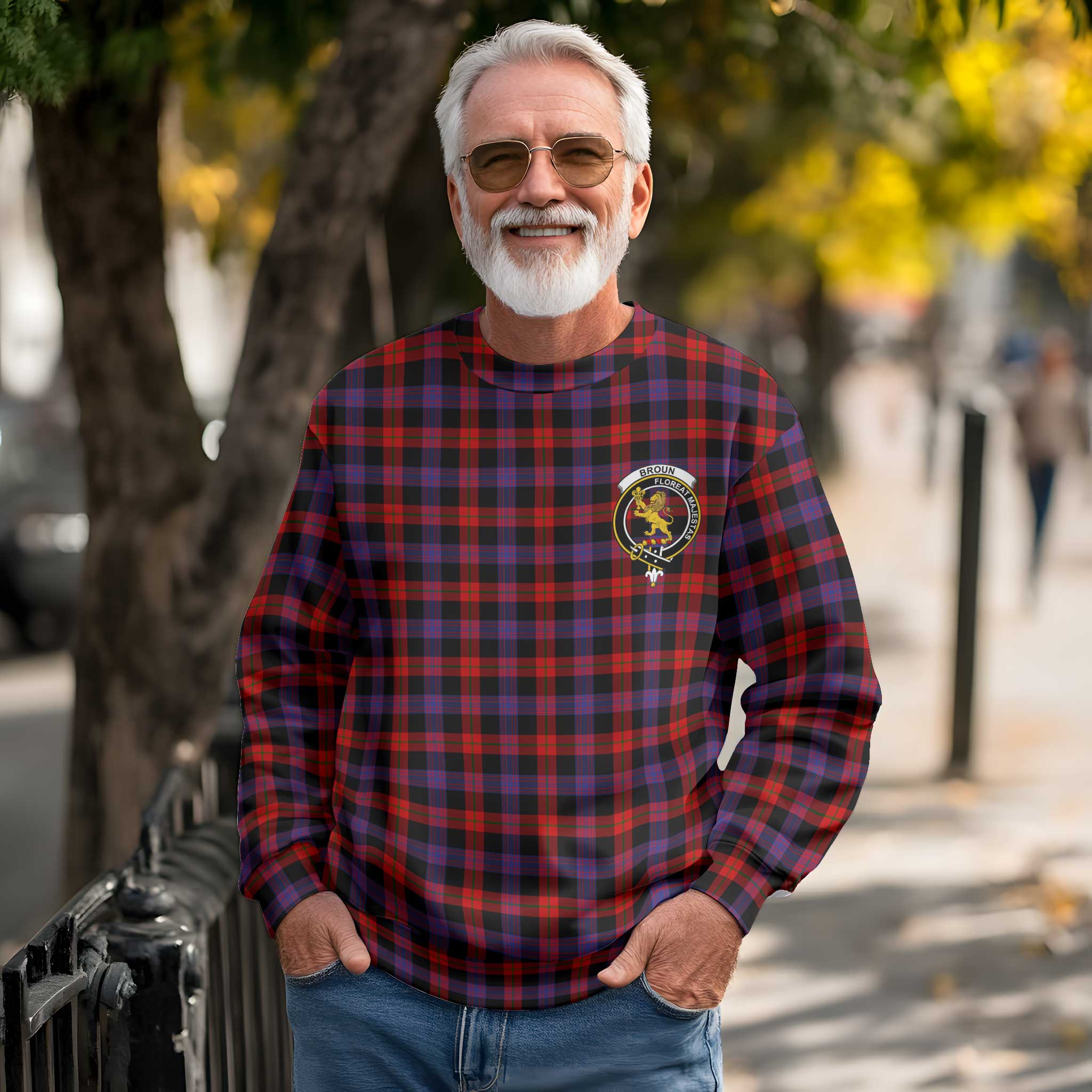 Clan Broun Tartan Men Sweatshirt Crest And Plaid Basic Style