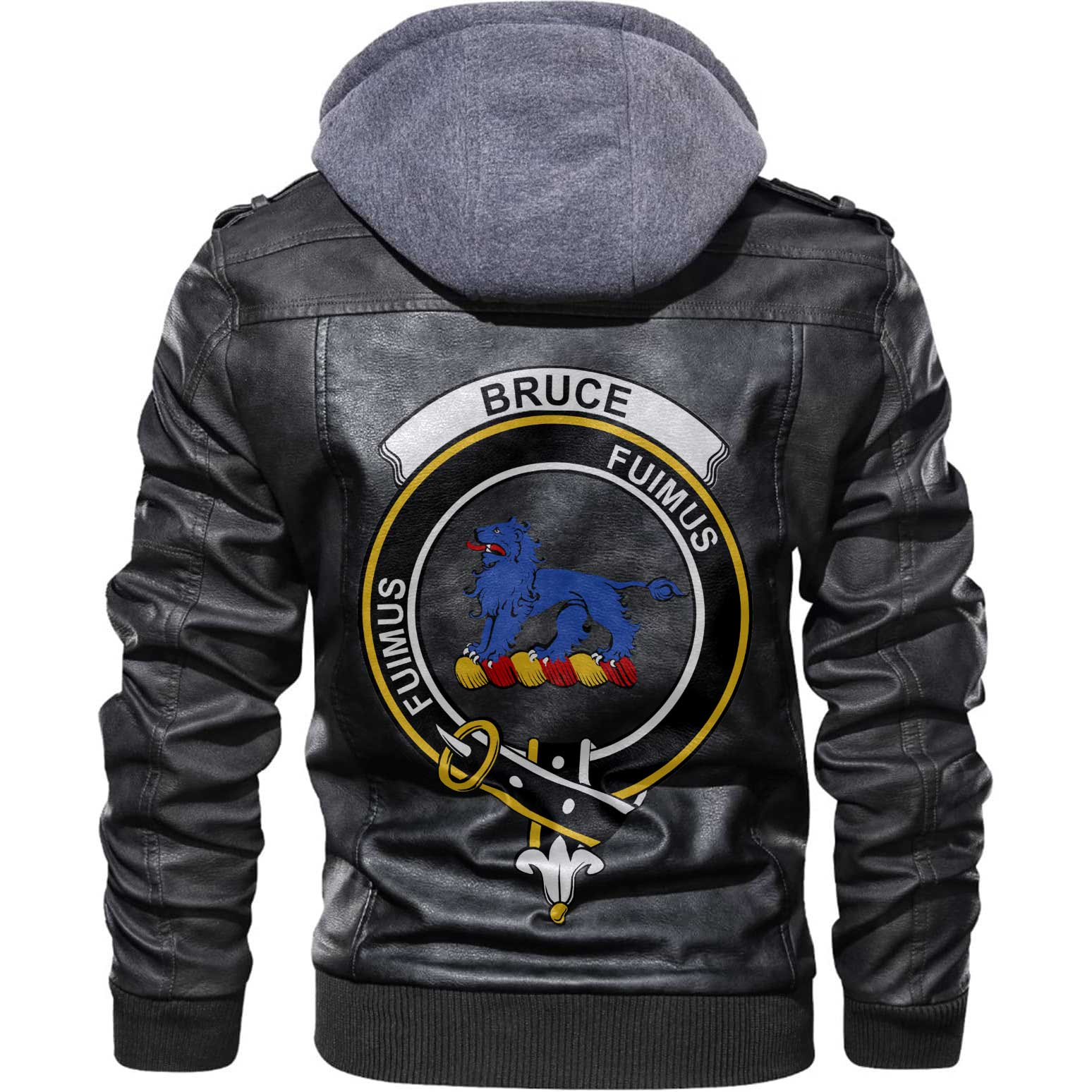Clan Bruce Tartan Zip Leather Jacket Crest And Plaid Basic Style