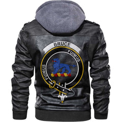Clan Bruce Tartan Zip Leather Jacket Crest And Plaid Basic Style