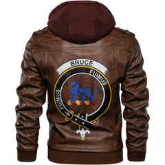 Clan Bruce Tartan Zip Leather Jacket Crest And Plaid Basic Style