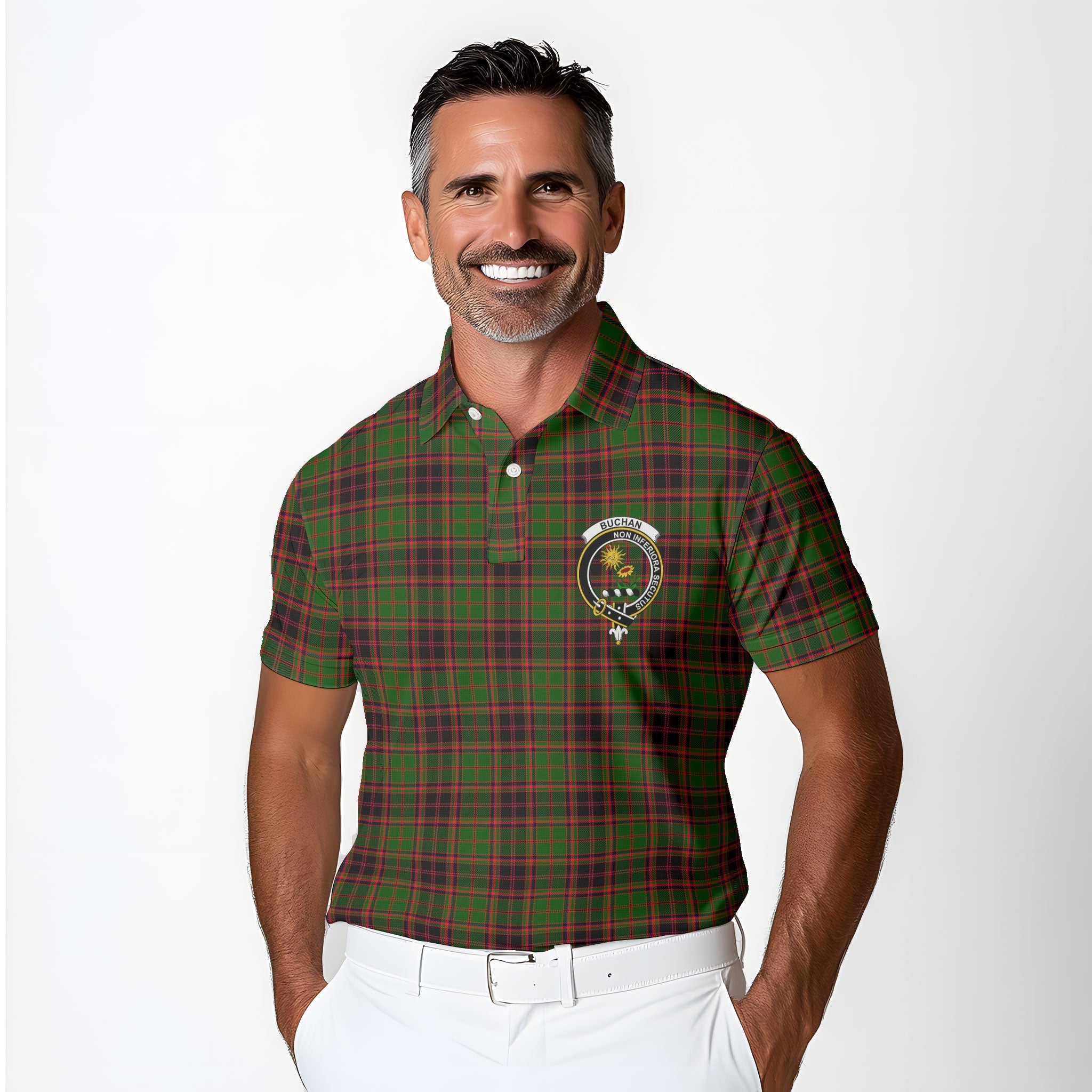 Clan Buchan Tartan Golf Men Polo Shirt Crest And Plaid Basic Style