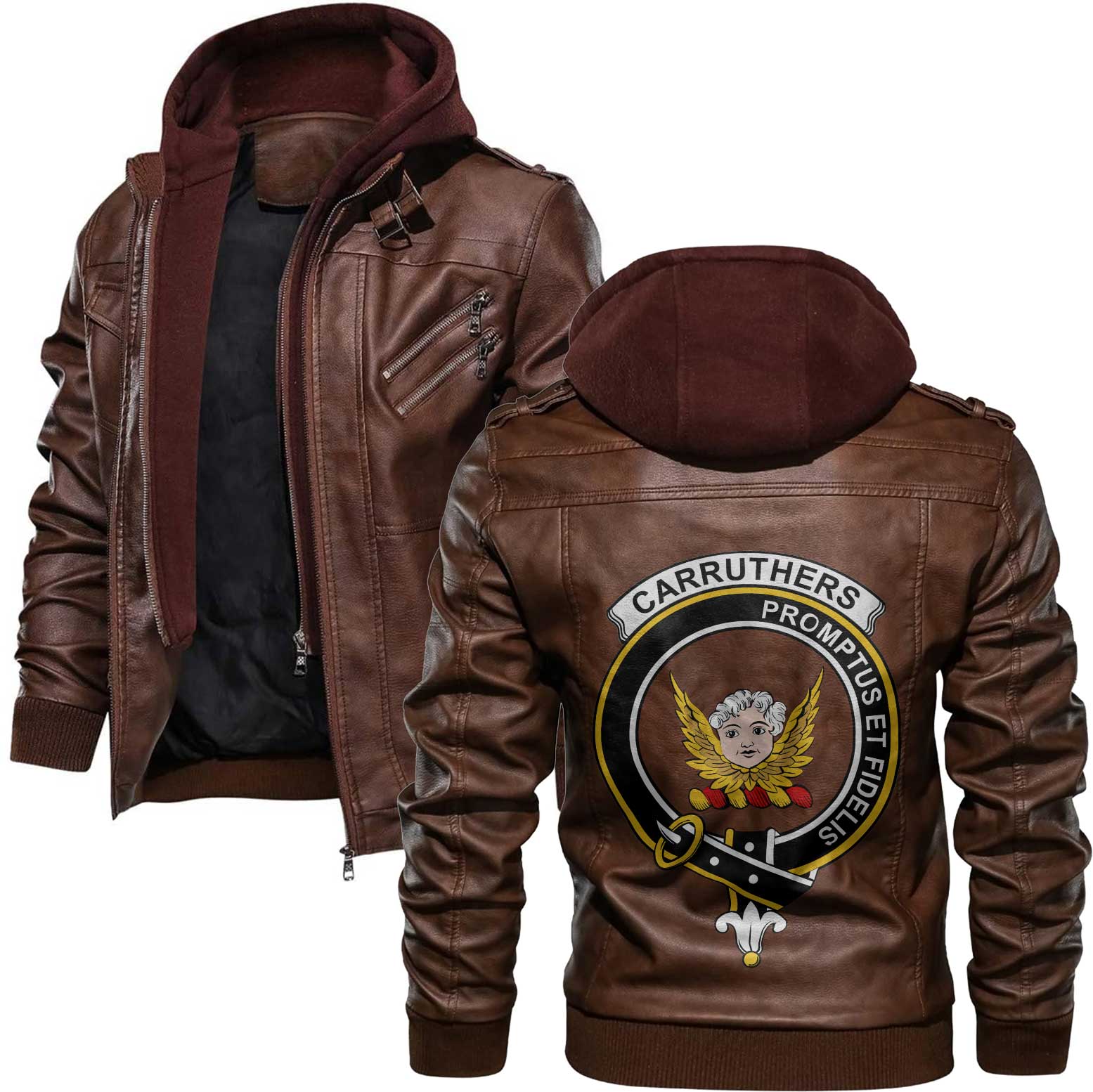 Clan Carruthers Tartan Zip Leather Jacket Crest And Plaid Basic Style