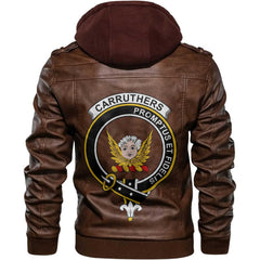 Clan Carruthers Tartan Zip Leather Jacket Crest And Plaid Basic Style