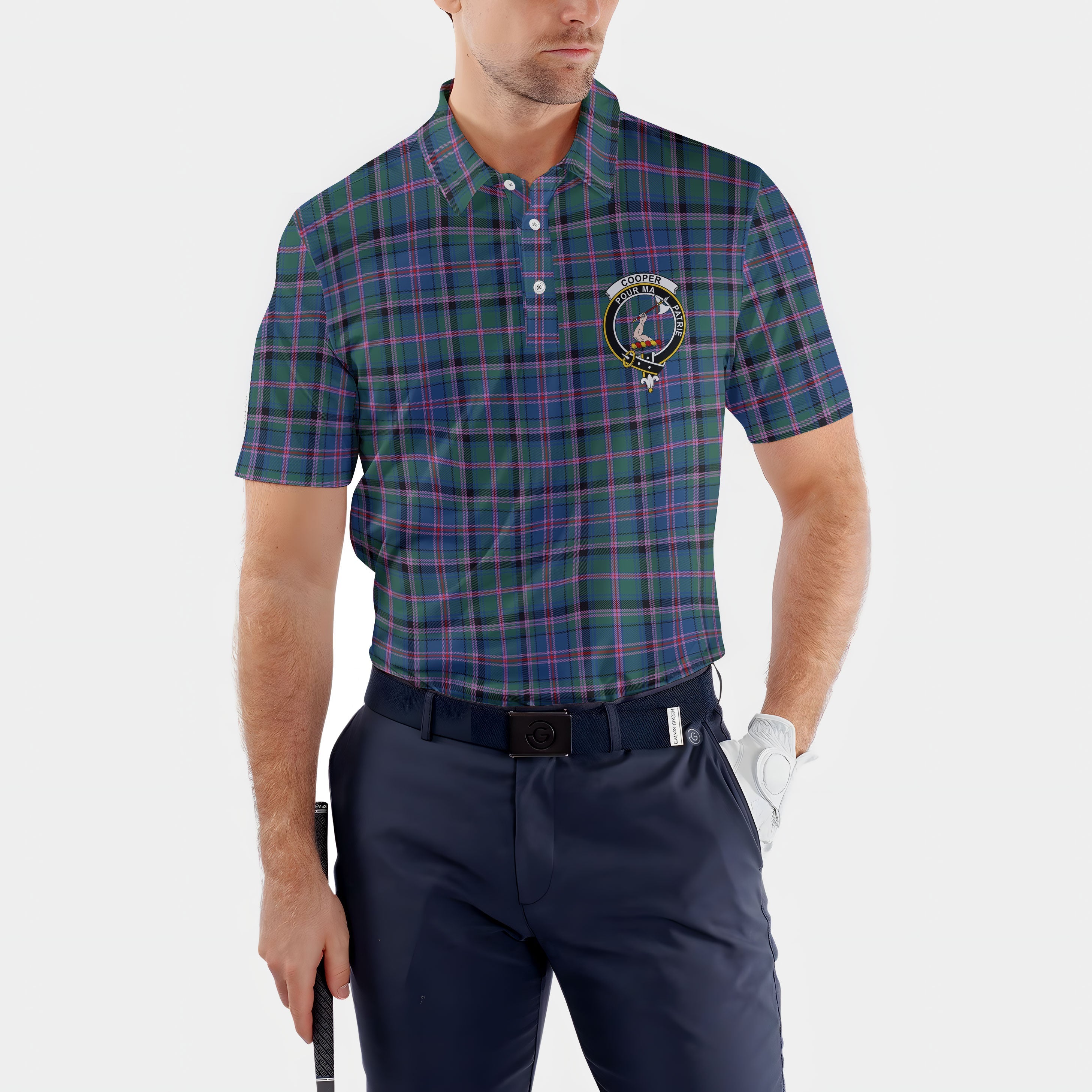 Clan Cooper Tartan Golf Men Polo Shirt Crest And Plaid Basic Style