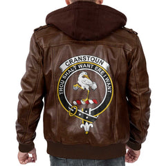 Clan Cranstoun Tartan Zip Leather Jacket Crest And Plaid Basic Style