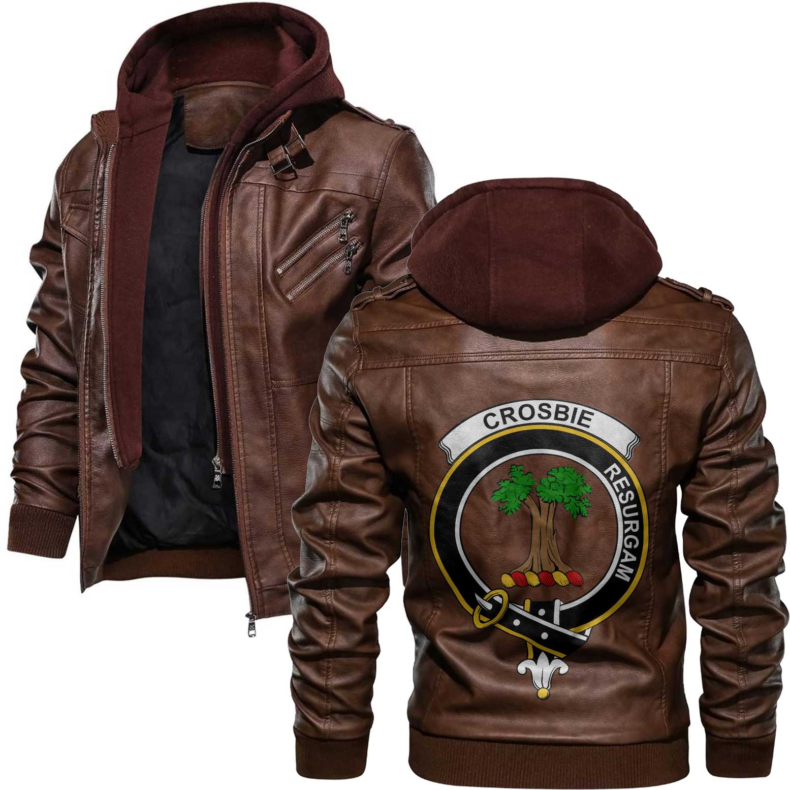Clan Crosbie Tartan Zip Leather Jacket Crest And Plaid Basic Style