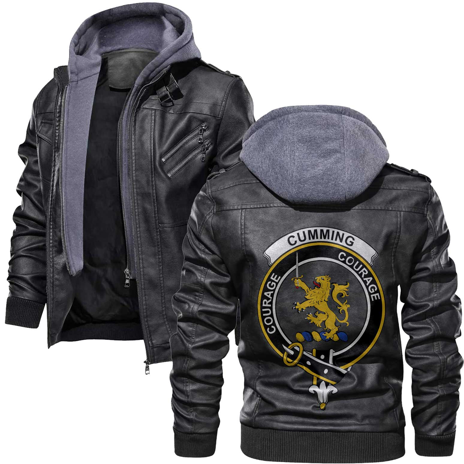 Clan Cumming Tartan Zip Leather Jacket Crest And Plaid Basic Style