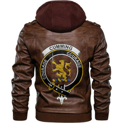 Clan Cumming Tartan Zip Leather Jacket Crest And Plaid Basic Style