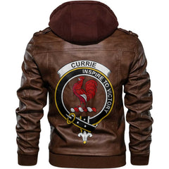 Clan Currie Tartan Zip Leather Jacket Crest And Plaid Basic Style