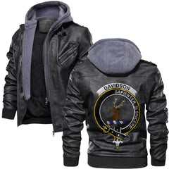 Clan Davidson Tartan Zip Leather Jacket Crest And Plaid Basic Style