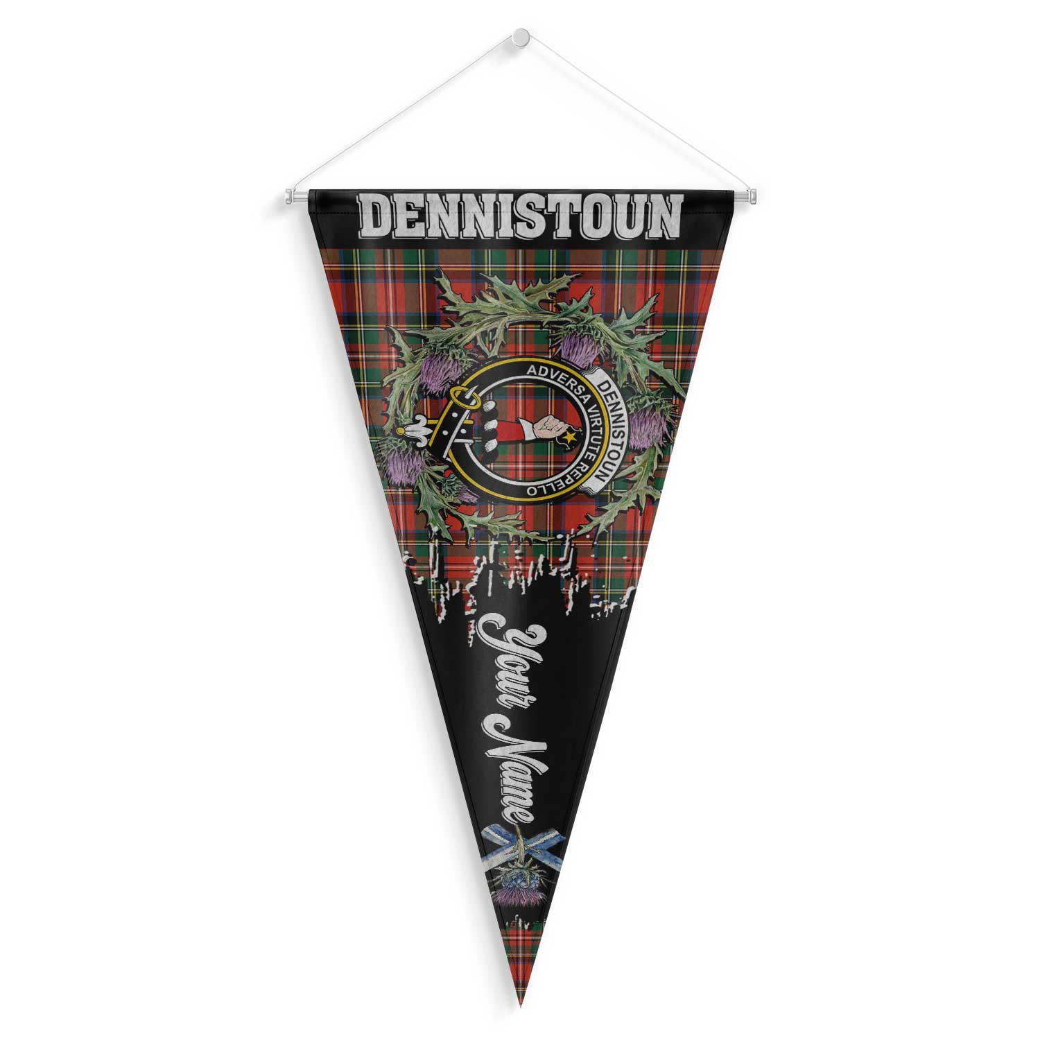 Clan Dennistoun Tartan Felt Pennant Crest And Plaid Basic Style