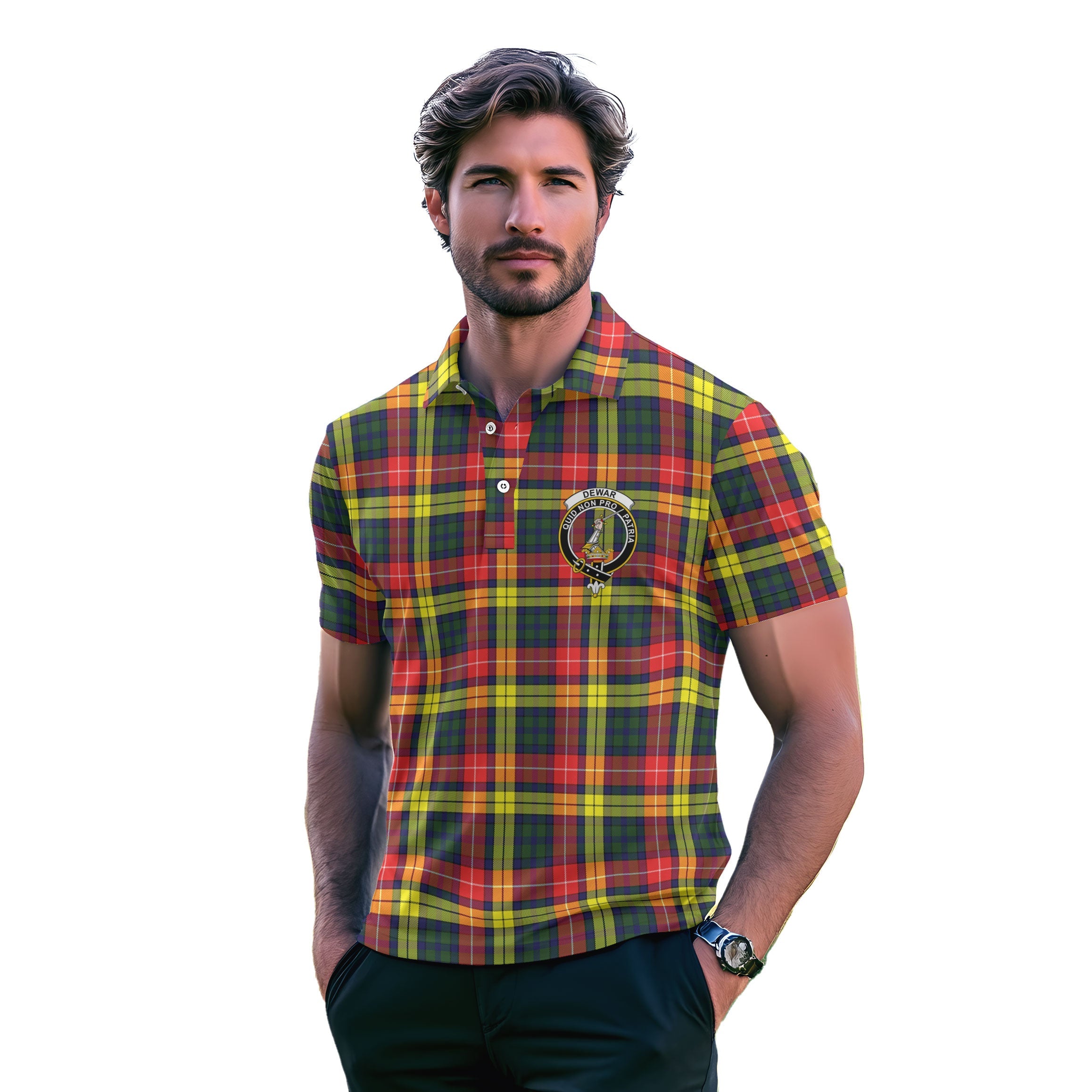 Clan Dewar Tartan Men Polo Shirt Crest And Plaid Basic Style