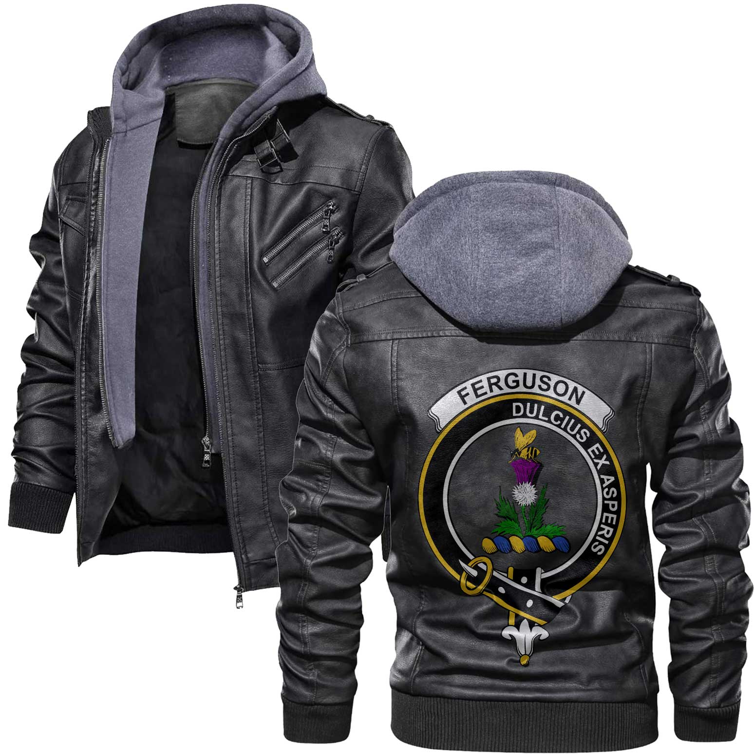 Clan Ferguson Tartan Zip Leather Jacket Crest And Plaid Basic Style