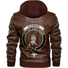 Clan Fleming Tartan Zip Leather Jacket Crest And Plaid Basic Style