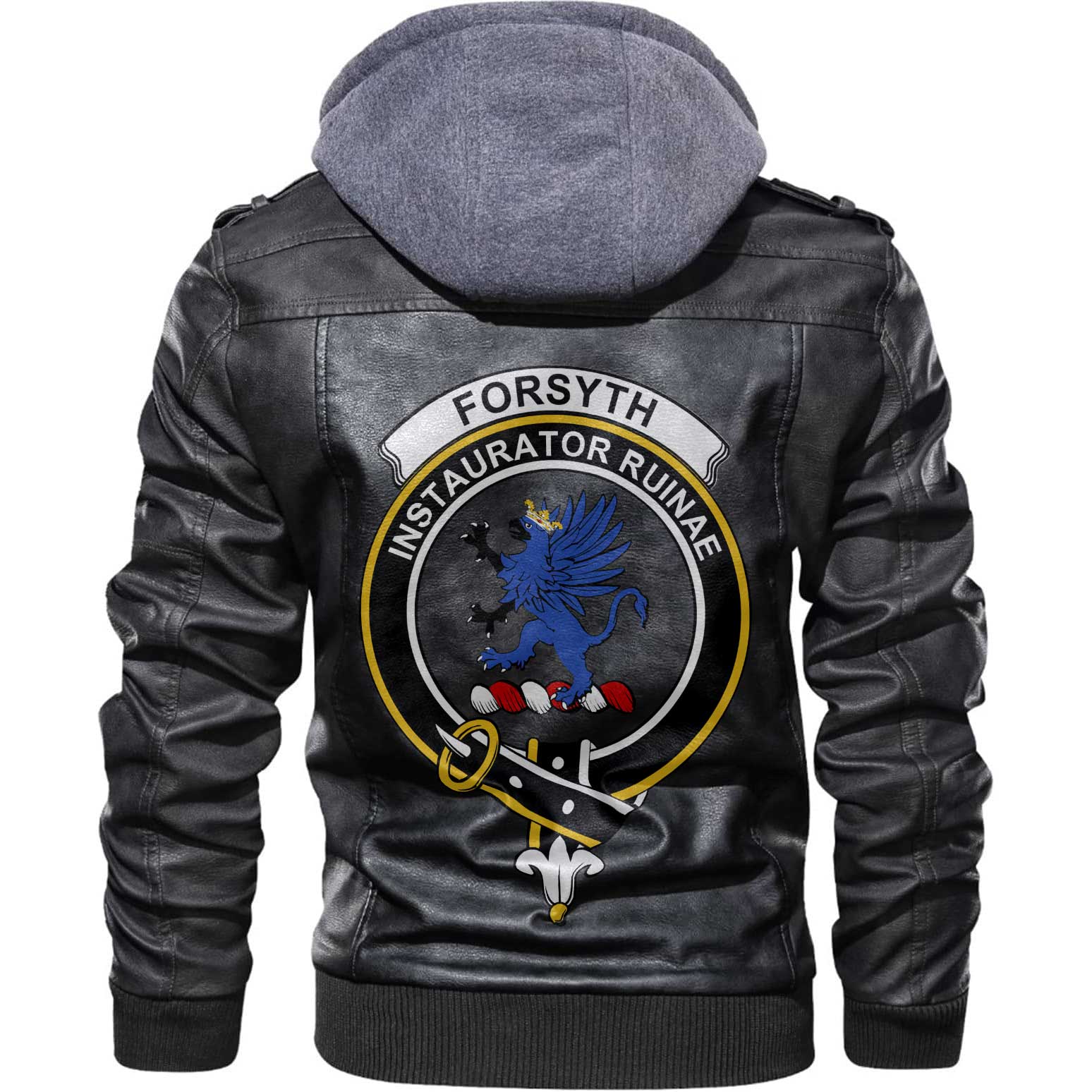 Clan Forsyth Tartan Zip Leather Jacket Crest And Plaid Basic Style