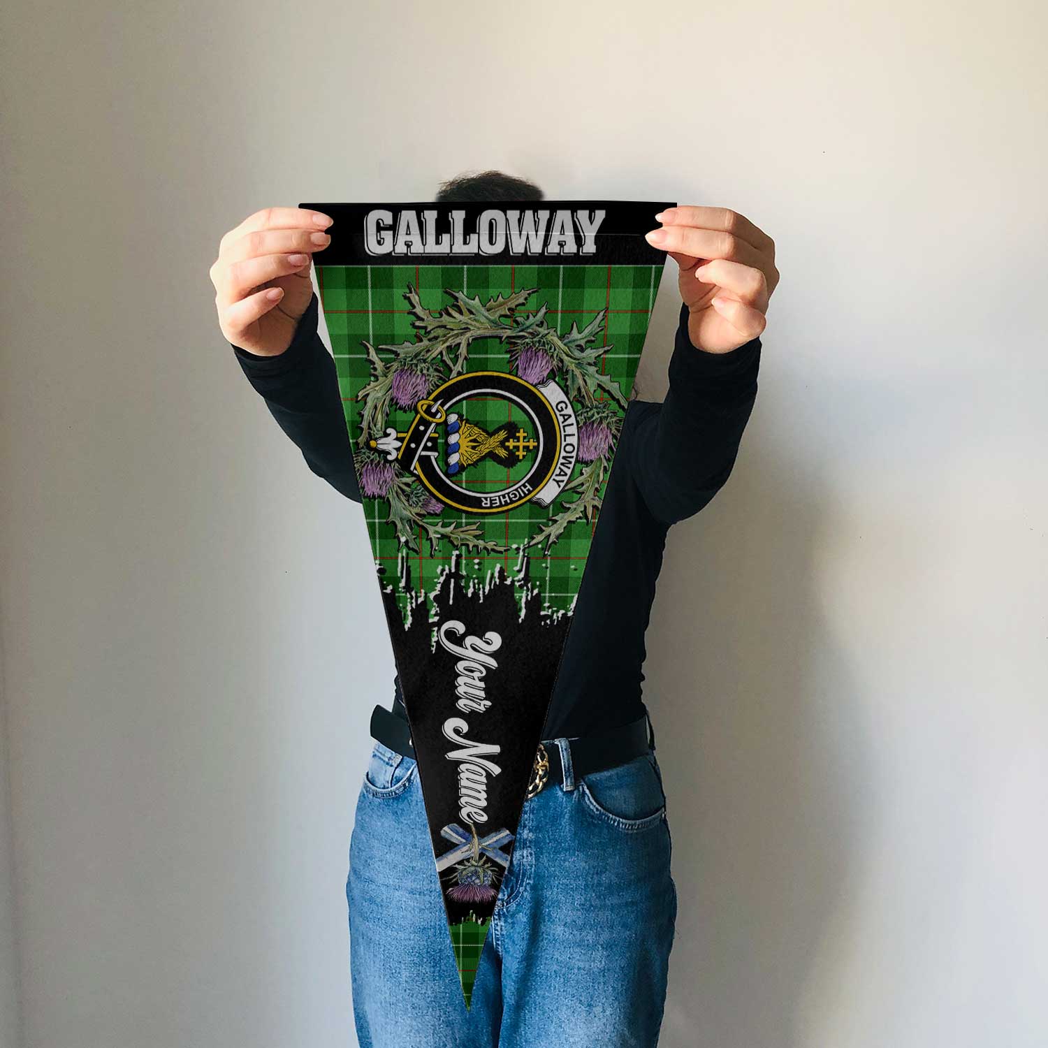 Clan Galloway Tartan Felt Pennant Crest And Plaid Basic Style
