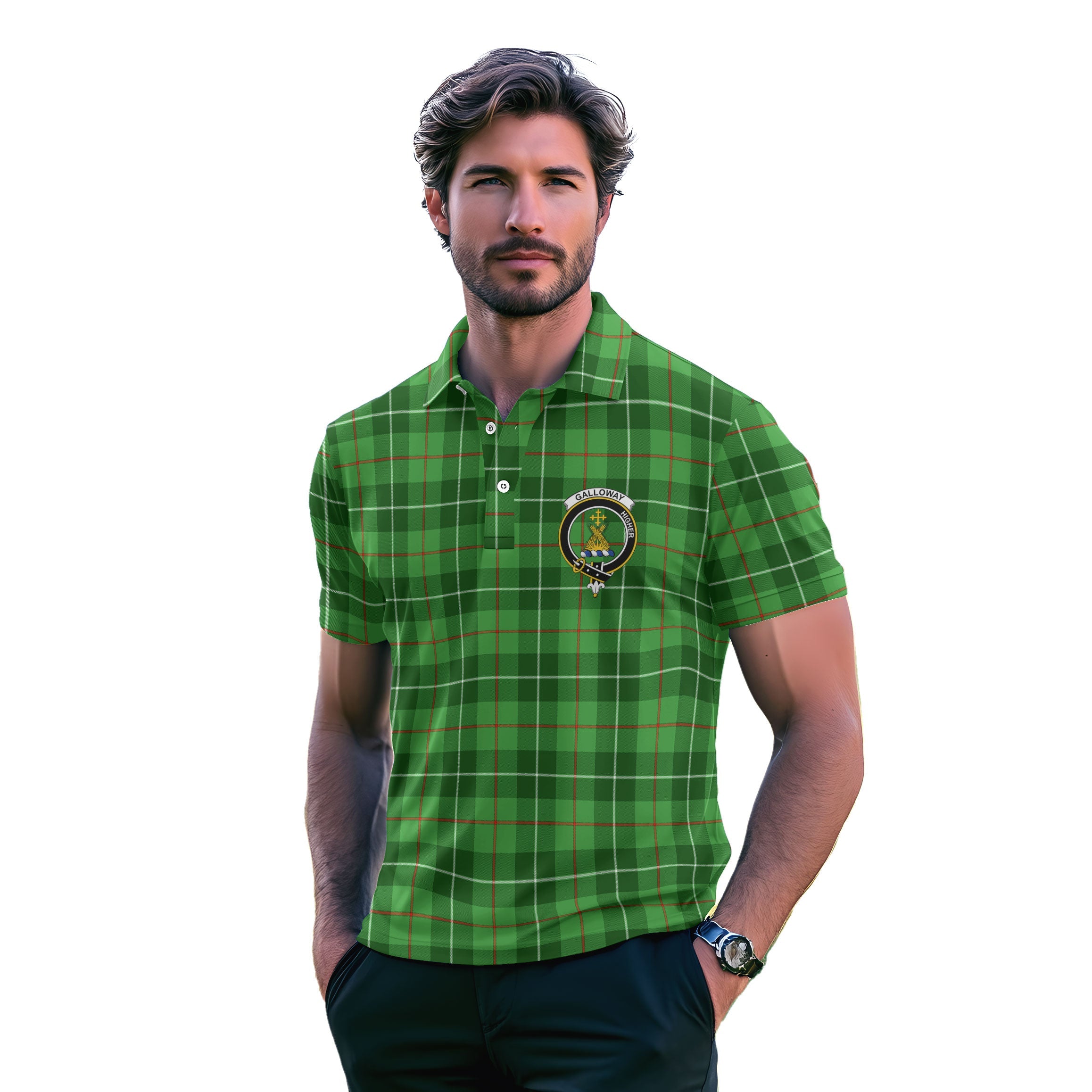 Clan Galloway Tartan Golf Men Polo Shirt Crest And Plaid Basic Style
