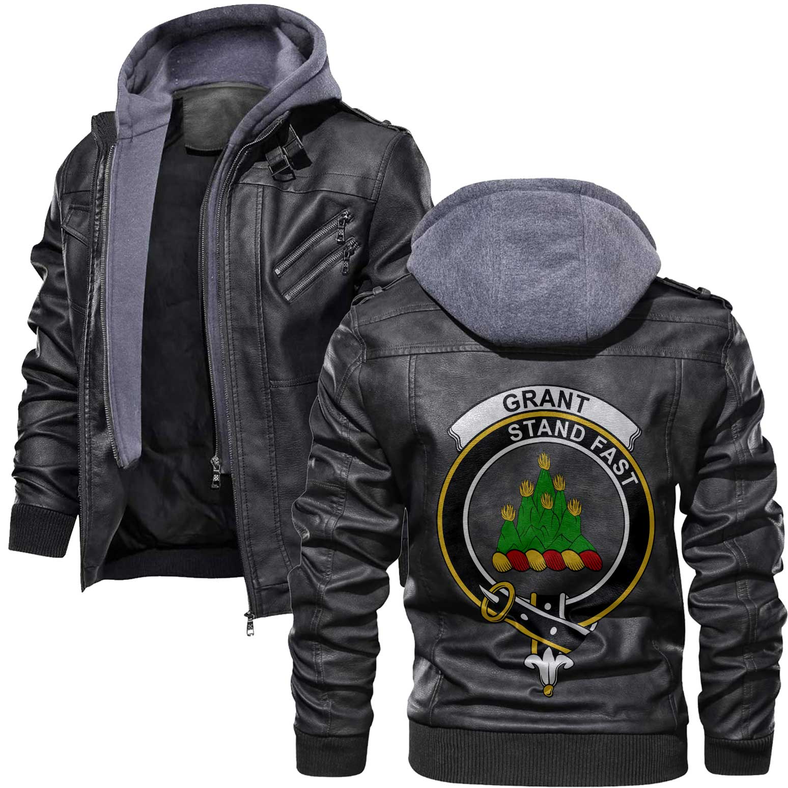 Clan Grant Tartan Zip Leather Jacket Crest And Plaid Basic Style