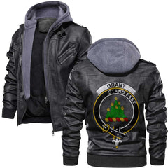 Clan Grant Tartan Zip Leather Jacket Crest And Plaid Basic Style