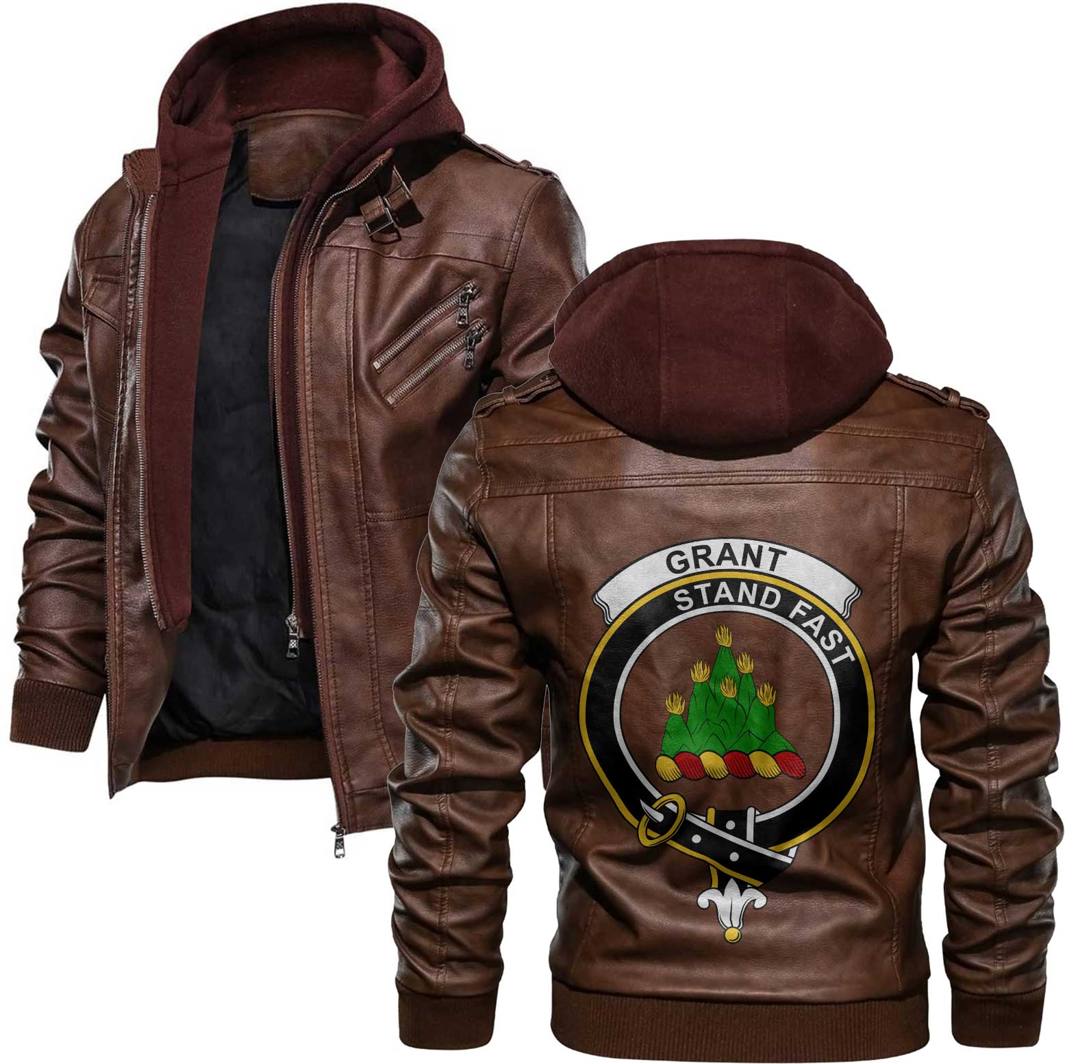 Clan Grant Tartan Zip Leather Jacket Crest And Plaid Basic Style