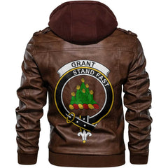 Clan Grant Tartan Zip Leather Jacket Crest And Plaid Basic Style