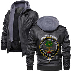 Clan Hamilton Tartan Zip Leather Jacket Crest And Plaid Basic Style
