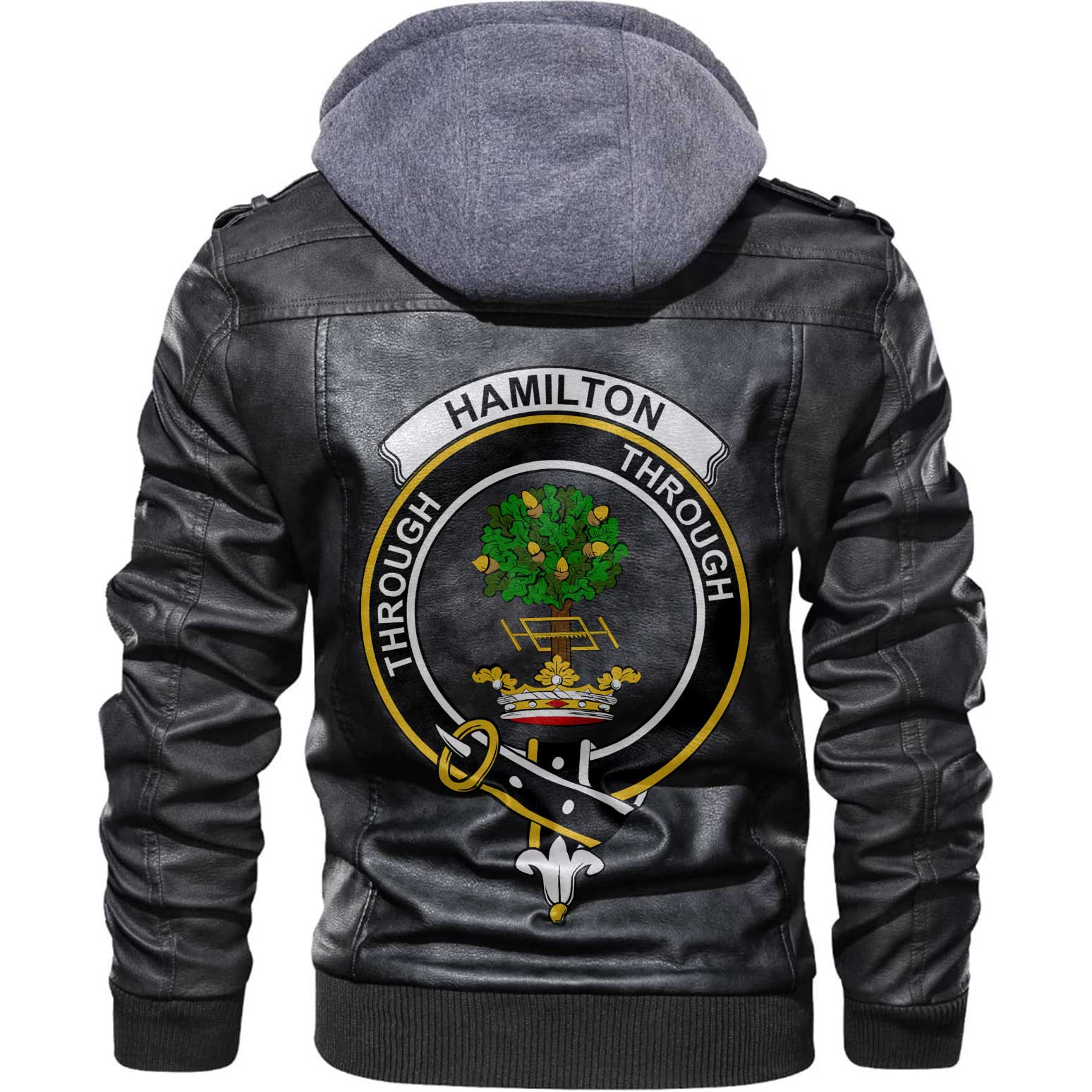 Clan Hamilton Tartan Zip Leather Jacket Crest And Plaid Basic Style