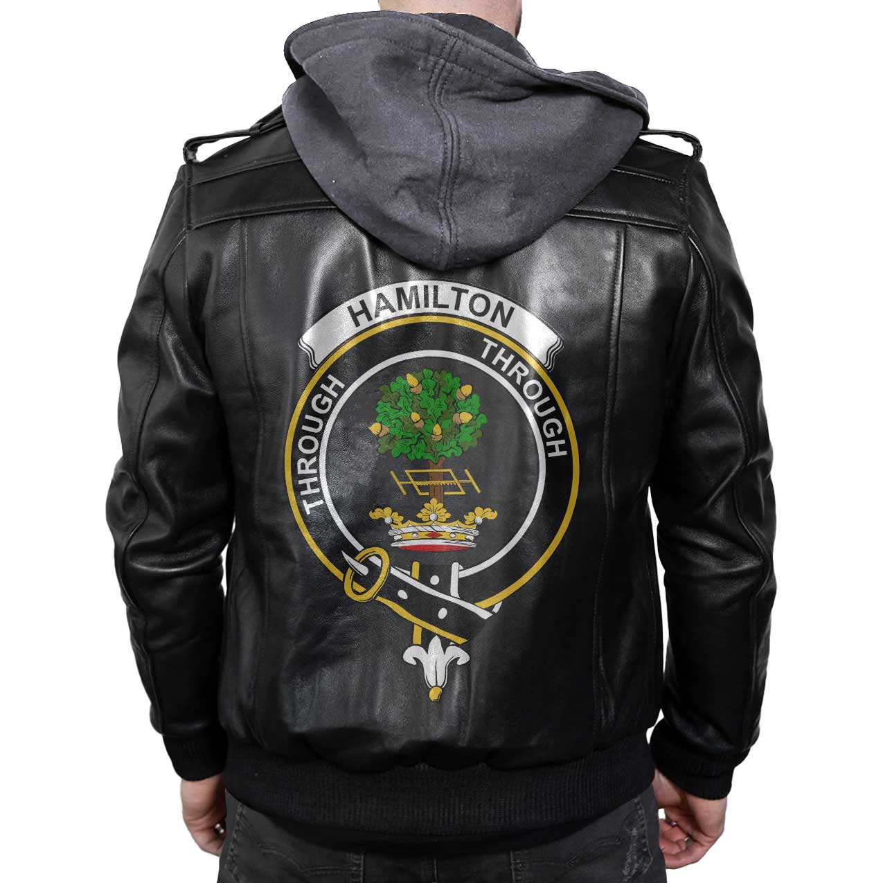 Clan Hamilton Tartan Zip Leather Jacket Crest And Plaid Basic Style