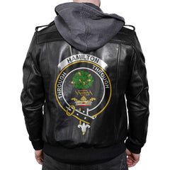 Clan Hamilton Tartan Zip Leather Jacket Crest And Plaid Basic Style