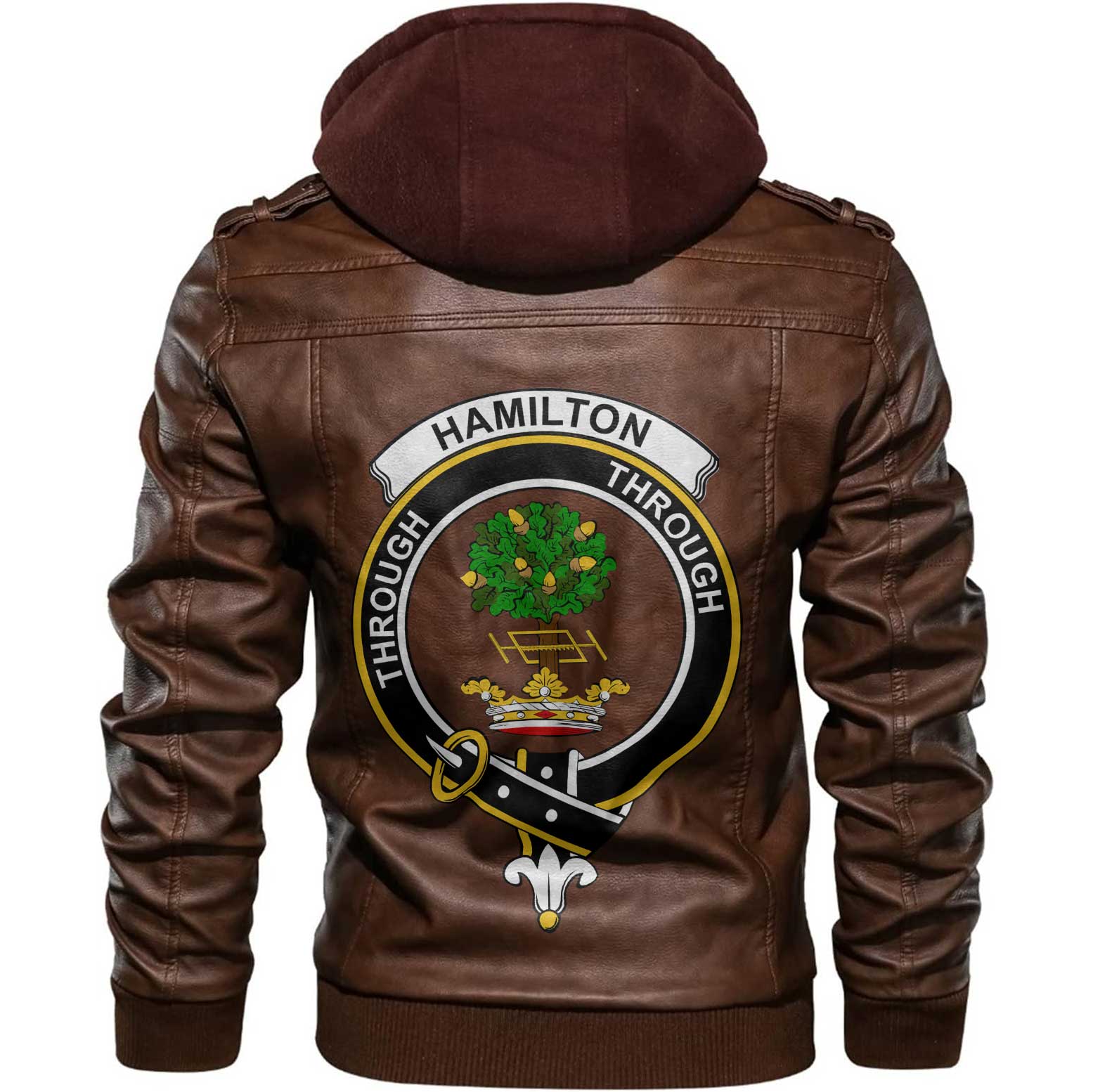 Clan Hamilton Tartan Zip Leather Jacket Crest And Plaid Basic Style