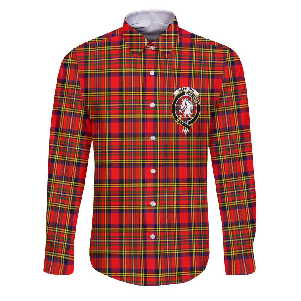 Clan Hepburn Tartan Long Sleeve Button Shirt Crest And Plaid Basic Style