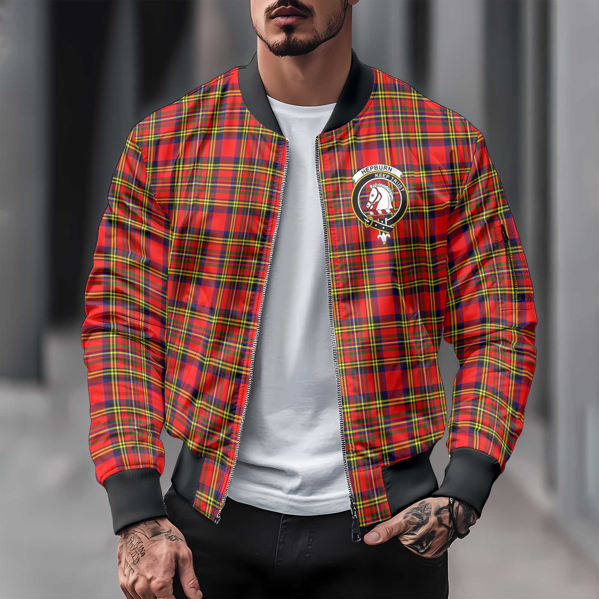 Clan Hepburn Tartan Men Bomber Jacket Crest And Plaid Basic Style
