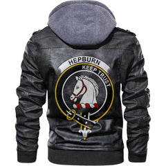 Clan Hepburn Tartan Zip Leather Jacket Crest And Plaid Basic Style