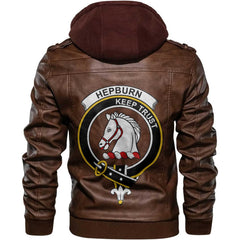 Clan Hepburn Tartan Zip Leather Jacket Crest And Plaid Basic Style