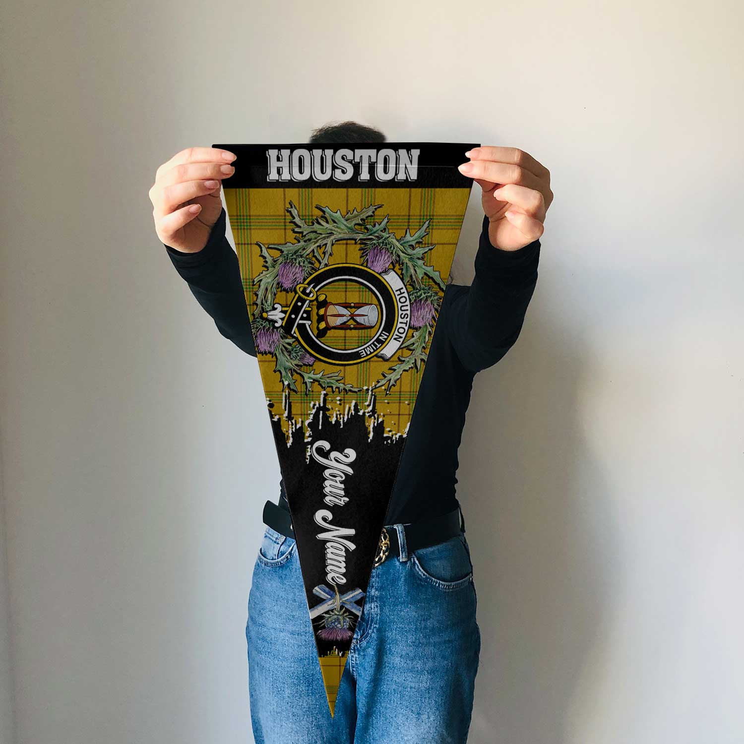 Clan Houston Tartan Felt Pennant Crest And Plaid Basic Style