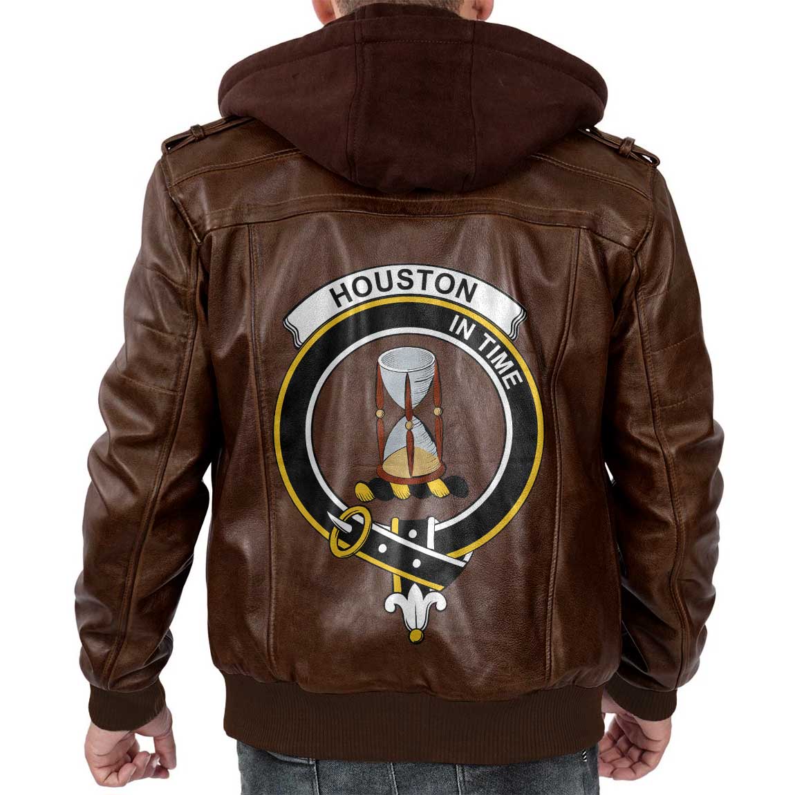 Clan Houston Tartan Zip Leather Jacket Crest And Plaid Basic Style