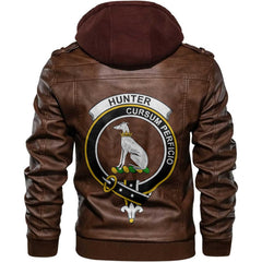 Clan Hunter Tartan Zip Leather Jacket Crest And Plaid Basic Style