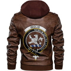 Clan Inglis Tartan Zip Leather Jacket Crest And Plaid Basic Style